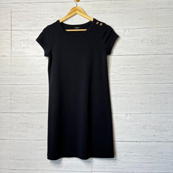 Talbots Dress Womens Size P Black T Shirt Jersey Gold Buttons Shoulder Cotton - Picture 1 of 14